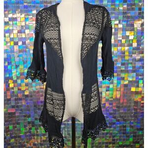 Moral‎ Fiber Black Lace Trim Open Front Cardigan Kimono Duster Women's Small